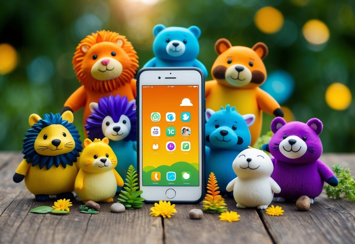 A group of colorful, cartoonish animals and nature elements surrounding a smartphone with mindfulness app icons on the screen