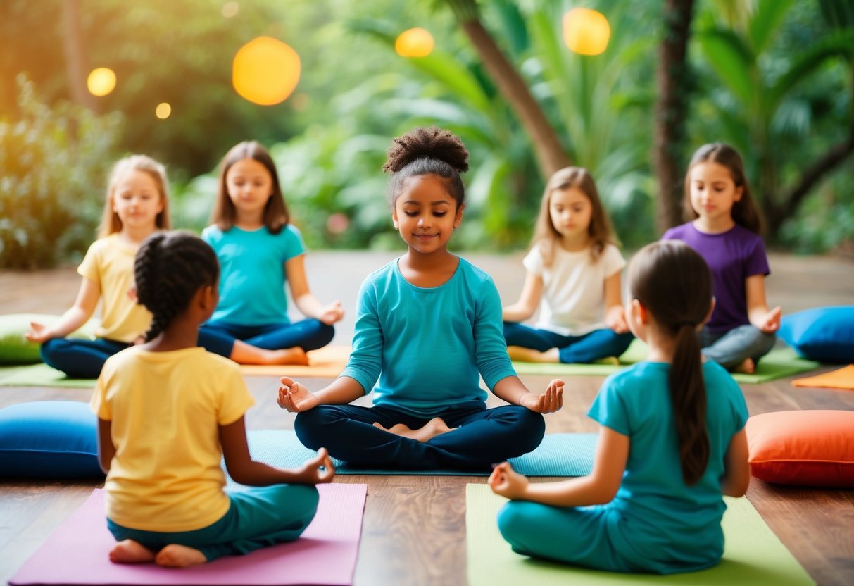 A group of children engage in a mindfulness session led by Smiling Mind, surrounded by colorful mats and cushions in a peaceful, nature-inspired setting