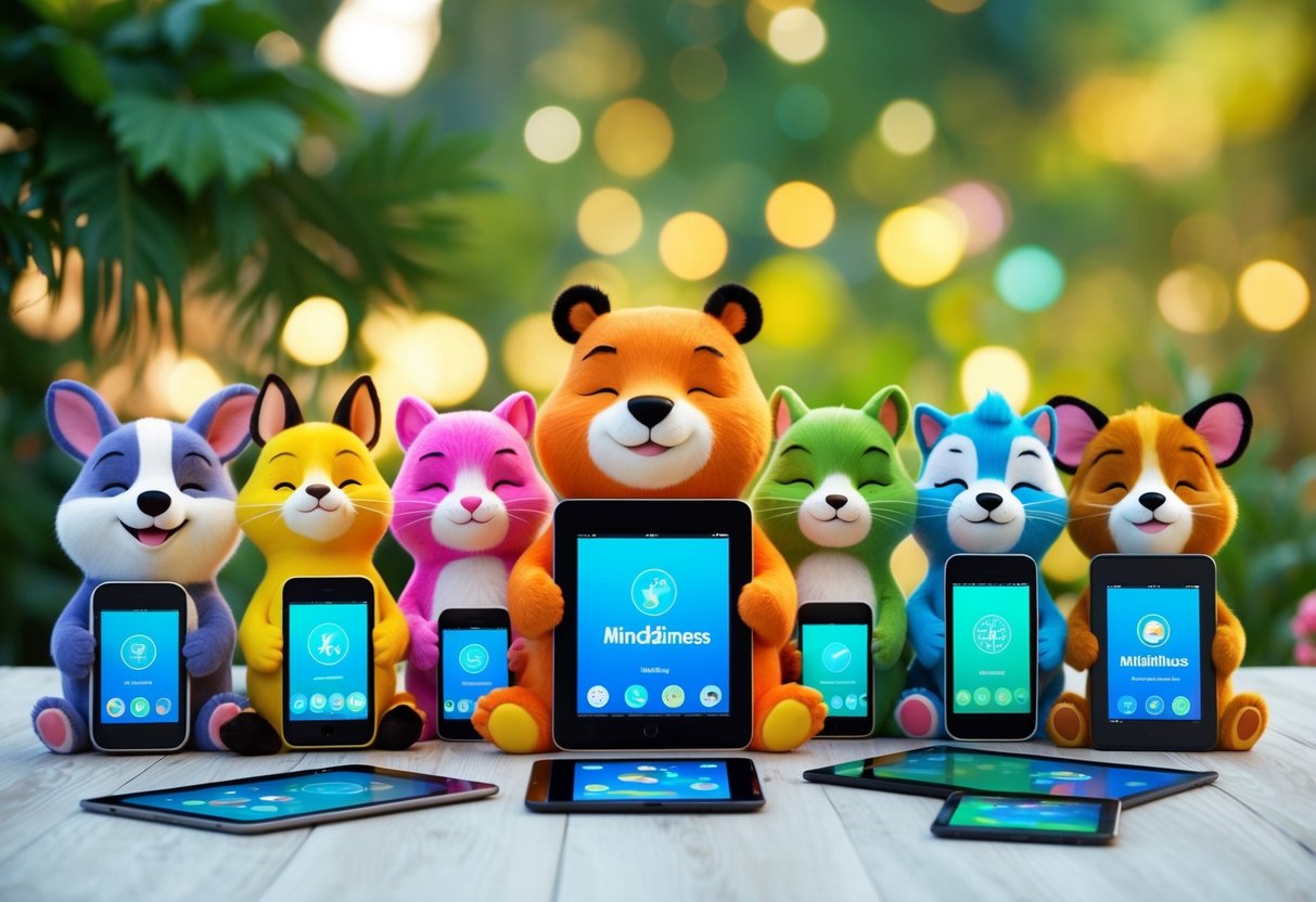 A colorful array of playful animal characters using various mindfulness apps on tablets and smartphones, surrounded by calming nature elements