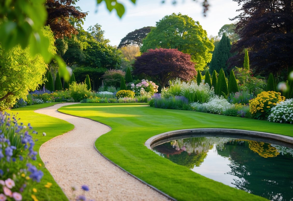 A serene garden with a winding path, blooming flowers, and a peaceful pond reflecting the surrounding trees