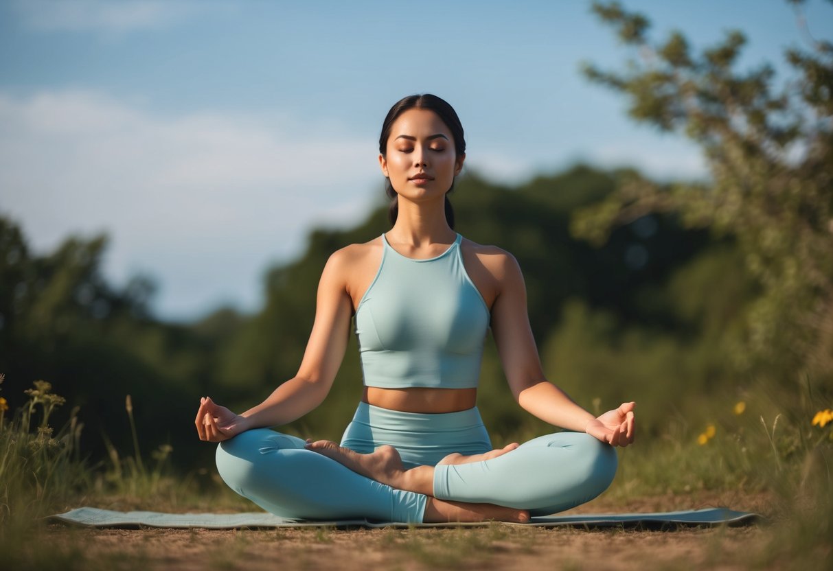 A serene figure surrounded by nature, sitting in a cross-legged position with eyes closed, practicing mindfulness and deep breathing