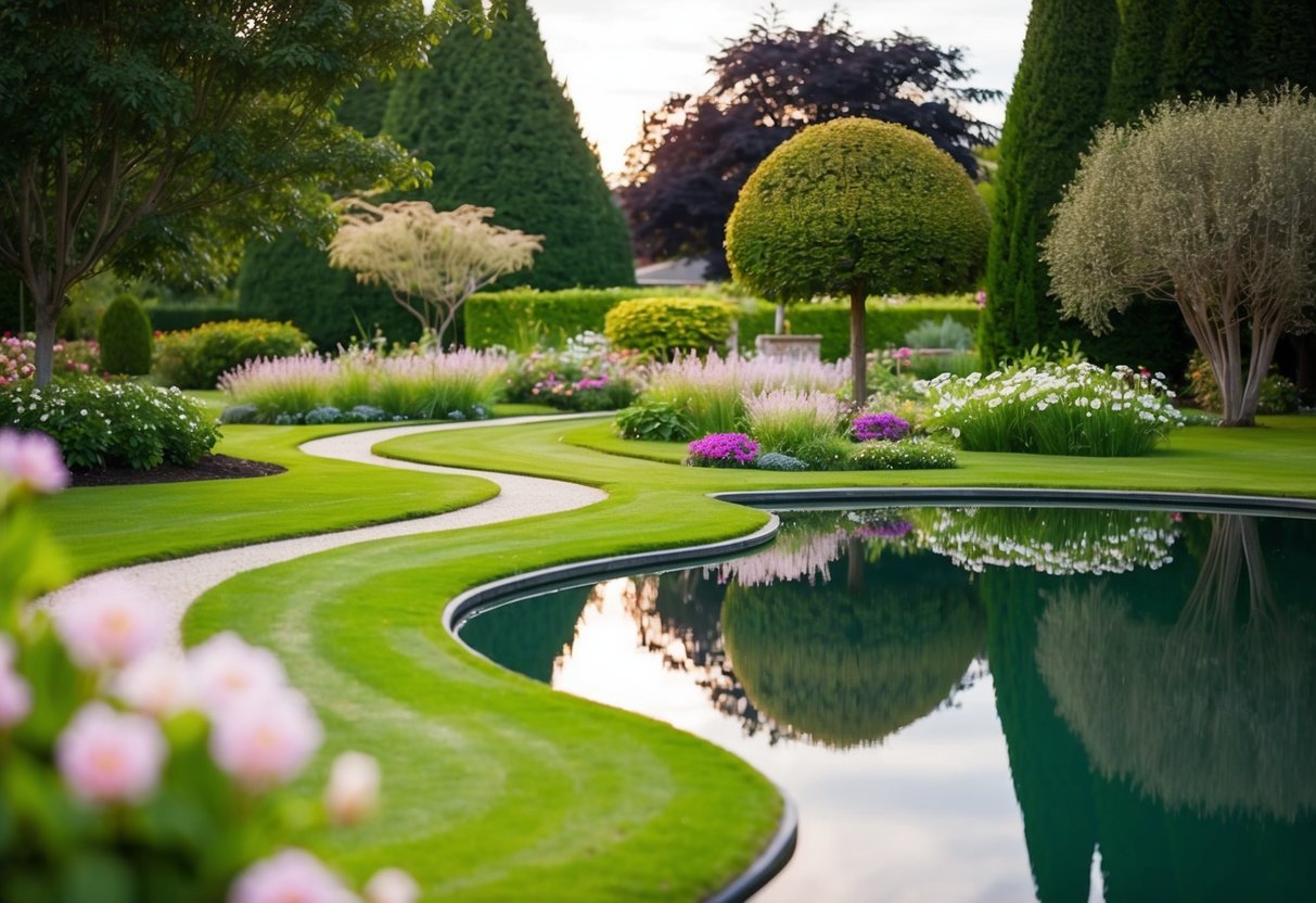 A serene garden with a winding path, blooming flowers, and a tranquil pond reflecting the surrounding trees