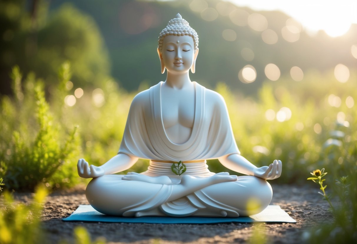 A serene figure surrounded by nature, radiating calm and compassion while practicing loving-kindness meditation