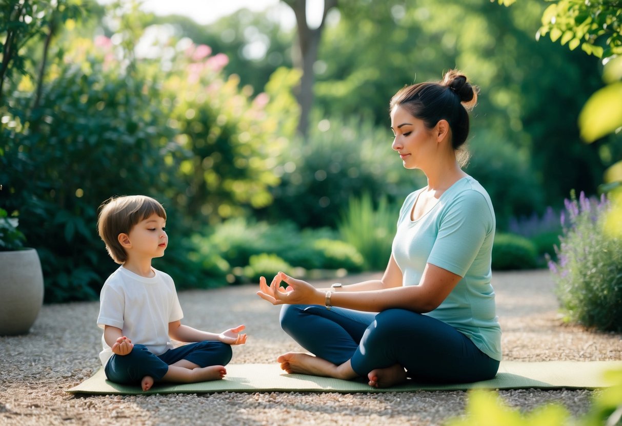 A peaceful garden with a parent and child sitting cross-legged, surrounded by nature. The parent is gently guiding the child through a meditation practice, both with their eyes closed and a sense of calm on their faces