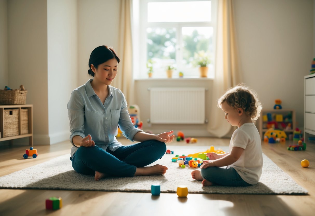 A peaceful, sunlit room with toys scattered on the floor. A parent sits cross-legged, eyes closed, while a child plays nearby