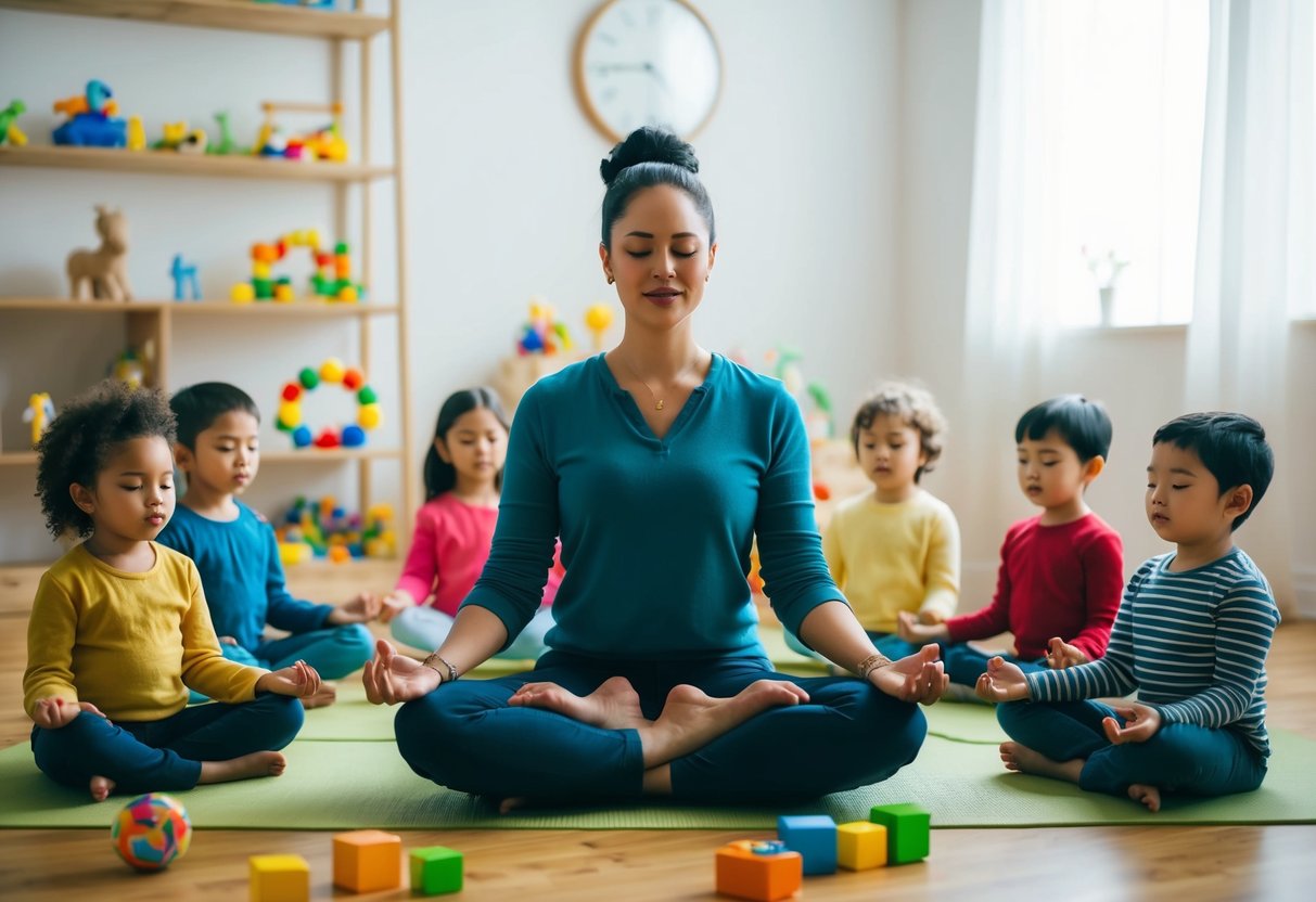 A parent sits cross-legged, surrounded by toys, as they lead a group of children in a guided meditation. The room is filled with calm and peaceful energy