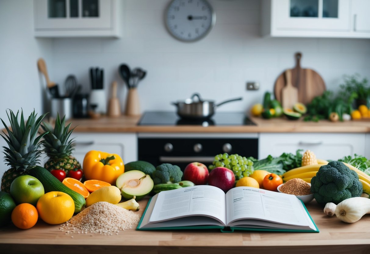 A kitchen counter with a variety of fresh fruits, vegetables, and grains, along with cooking utensils and a cookbook open to a healthy recipe