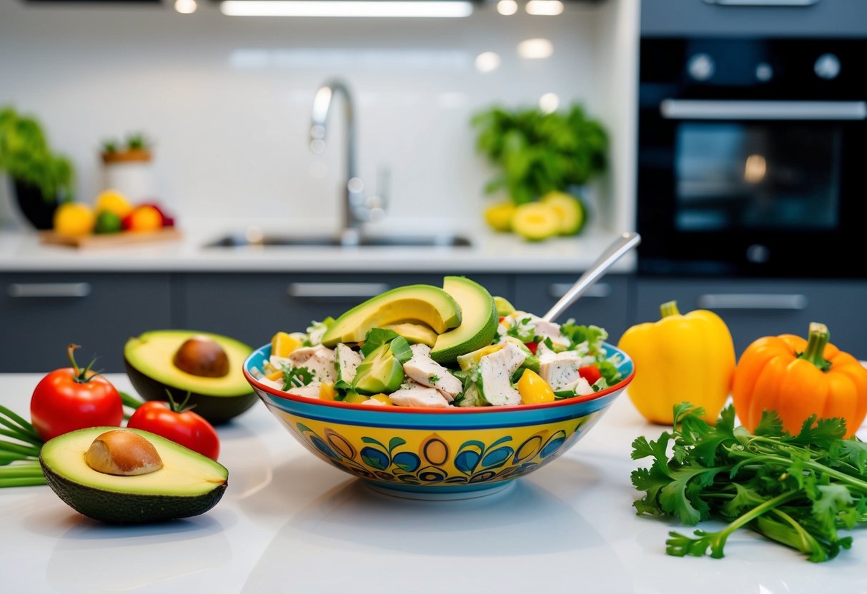 A colorful bowl filled with avocado chicken salad surrounded by fresh vegetables and fruits on a clean, modern kitchen counter