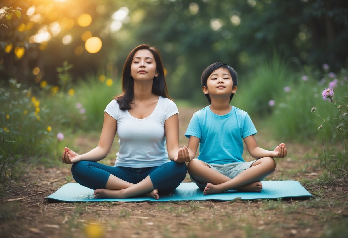 A parent and child sit cross-legged, eyes closed, surrounded by nature. They breathe deeply, focusing on the present moment