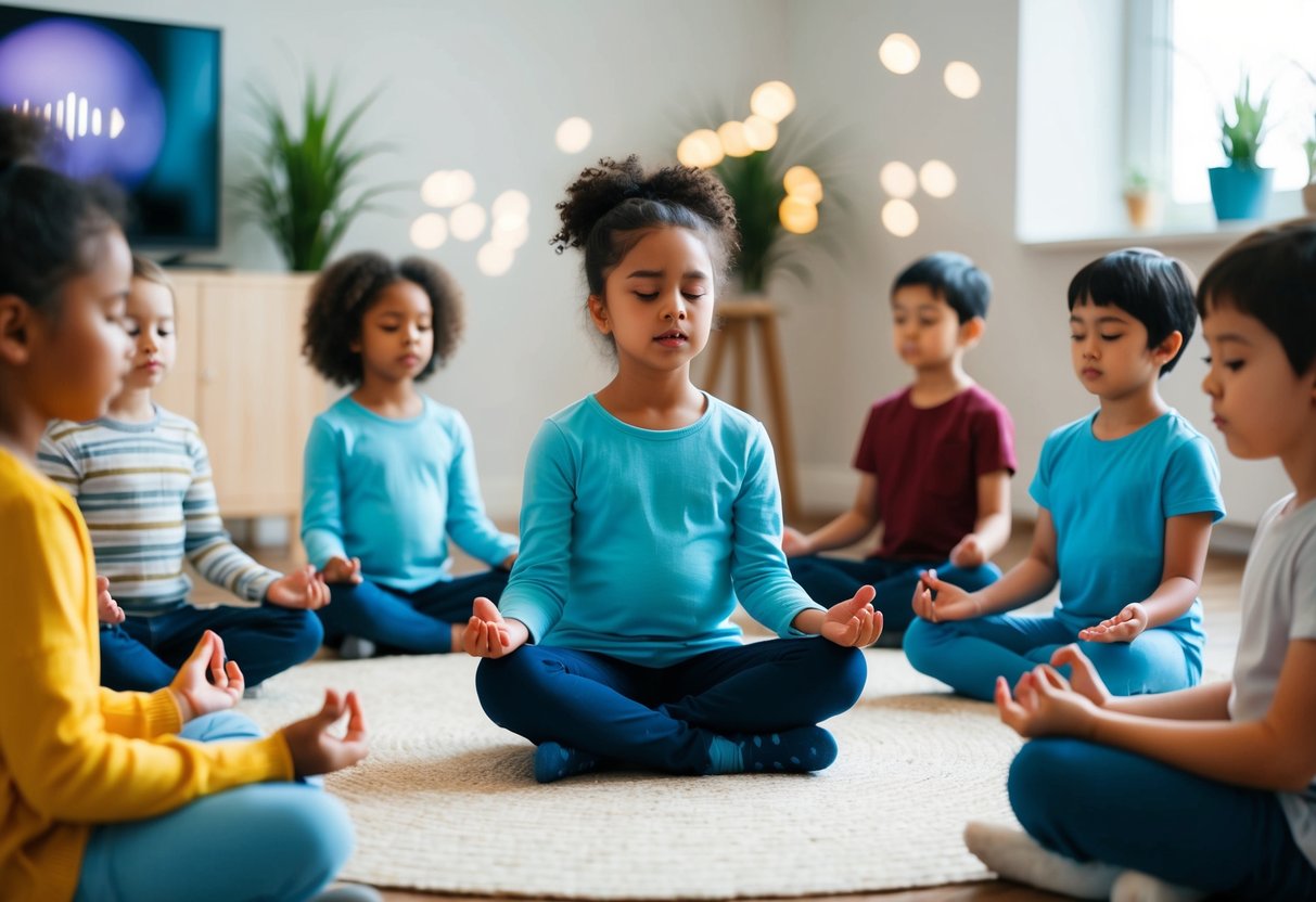 A group of children sit cross-legged in a circle, eyes closed and hands resting on their knees. Soft music plays in the background as they focus on their breath, guided by a calming voice