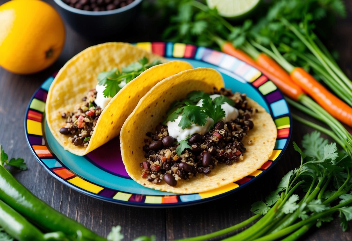 A colorful plate with quinoa and black bean tacos surrounded by fresh vegetables and herbs