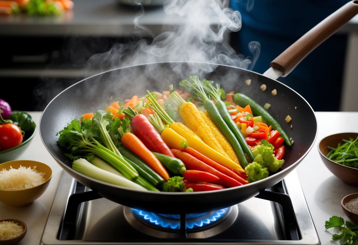 A colorful array of fresh vegetables sizzling in a hot wok, emitting steam and fragrant aromas