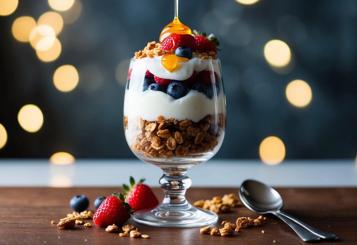 A glass parfait dish filled with layers of Greek yogurt, granola, and fresh berries, topped with a drizzle of honey