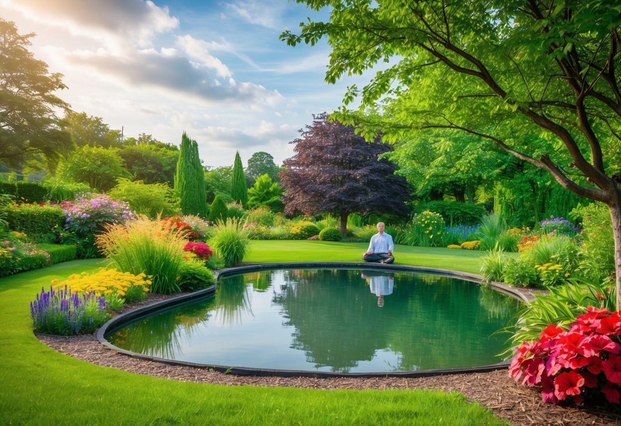 A serene garden with a peaceful pond, surrounded by lush greenery and colorful flowers, where a parent is meditating under a tranquil tree