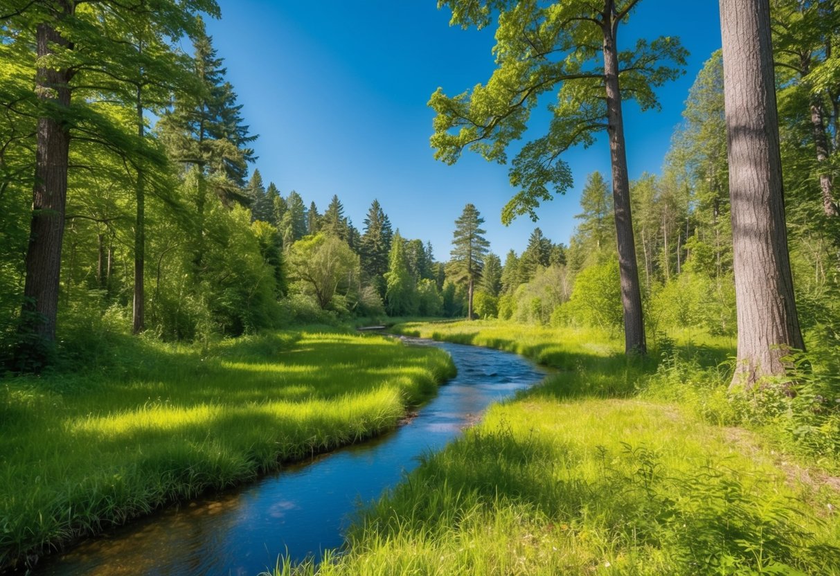 A serene forest clearing with a tranquil stream, lush greenery, and a clear blue sky, surrounded by tall trees and vibrant wildlife