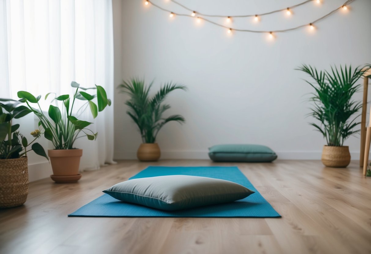 A peaceful, clutter-free room with soft lighting. A yoga mat and meditation cushion are placed on the floor. Plants and calming decor create a serene atmosphere