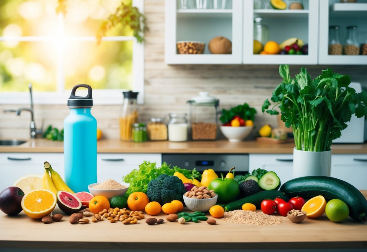 A kitchen counter with a variety of fresh fruits, vegetables, nuts, and whole grains. A water bottle and a smoothie blender are also present