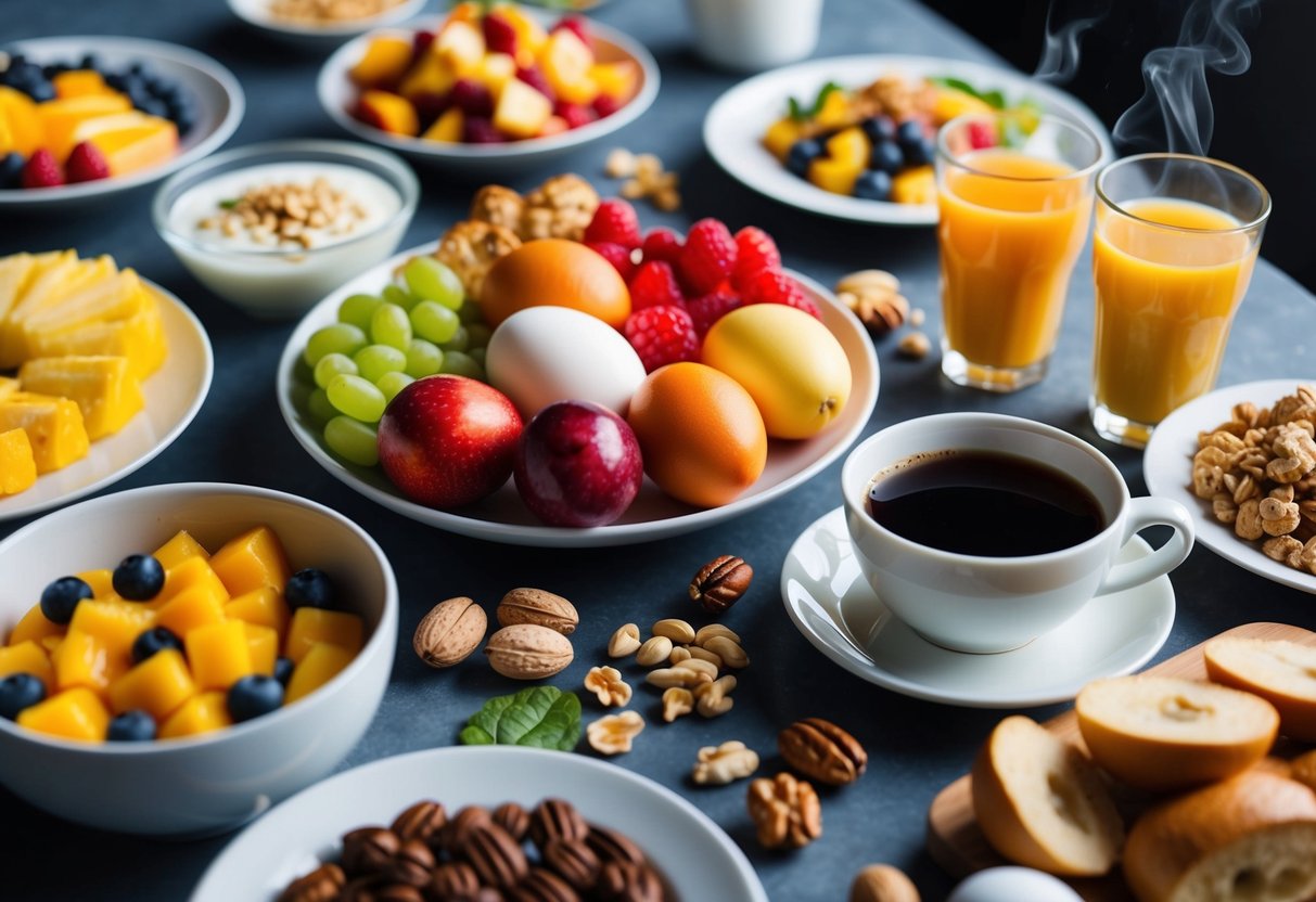 A table set with a colorful assortment of fruits, eggs, yogurt, and nuts, surrounded by a variety of breakfast foods and a steaming cup of coffee