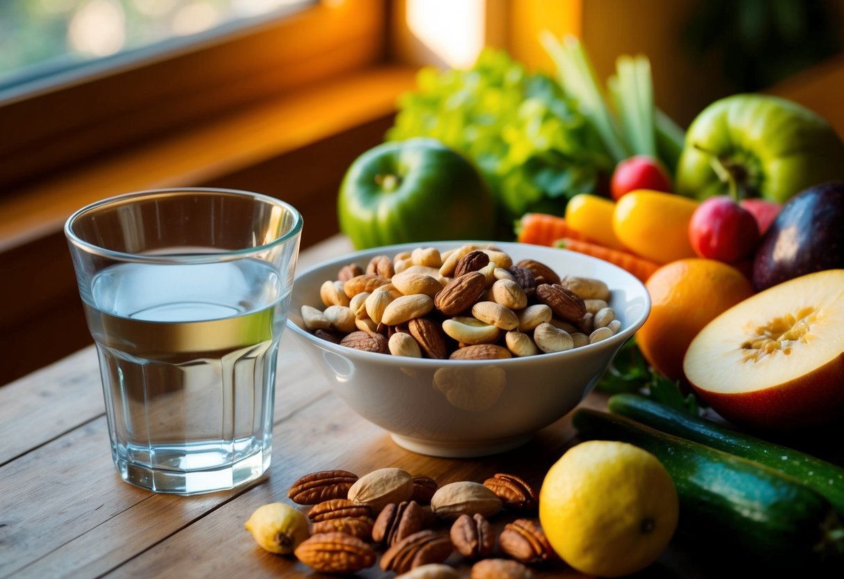 A bowl of mixed nuts sits on a wooden table next to a glass of water, surrounded by a variety of fruits and vegetables. Sunlight streams in through a nearby window, casting a warm glow over the healthy snacks