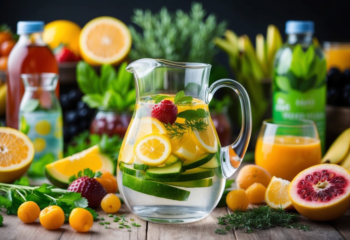 A pitcher of infused water surrounded by fresh fruits and herbs, with a backdrop of energizing foods and beverages