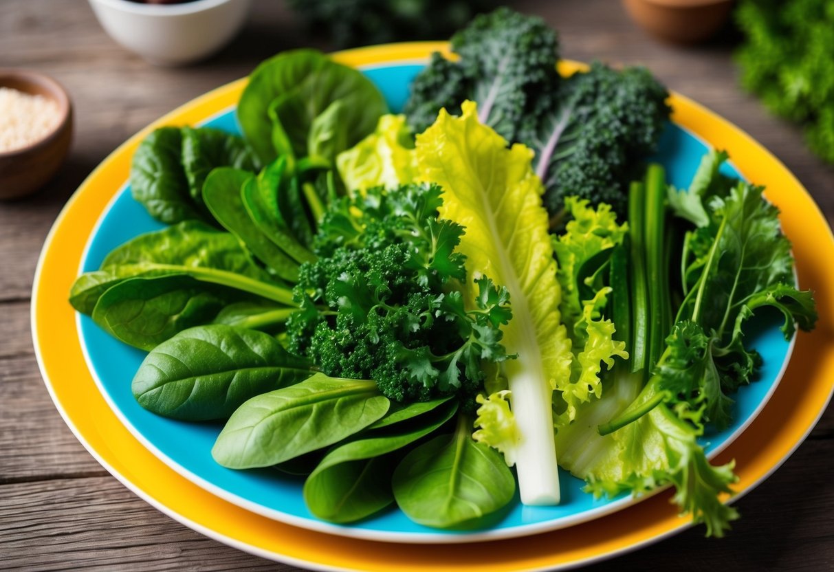 A colorful plate of assorted green leafy vegetables, including spinach, kale, and lettuce, arranged in an appealing and appetizing manner