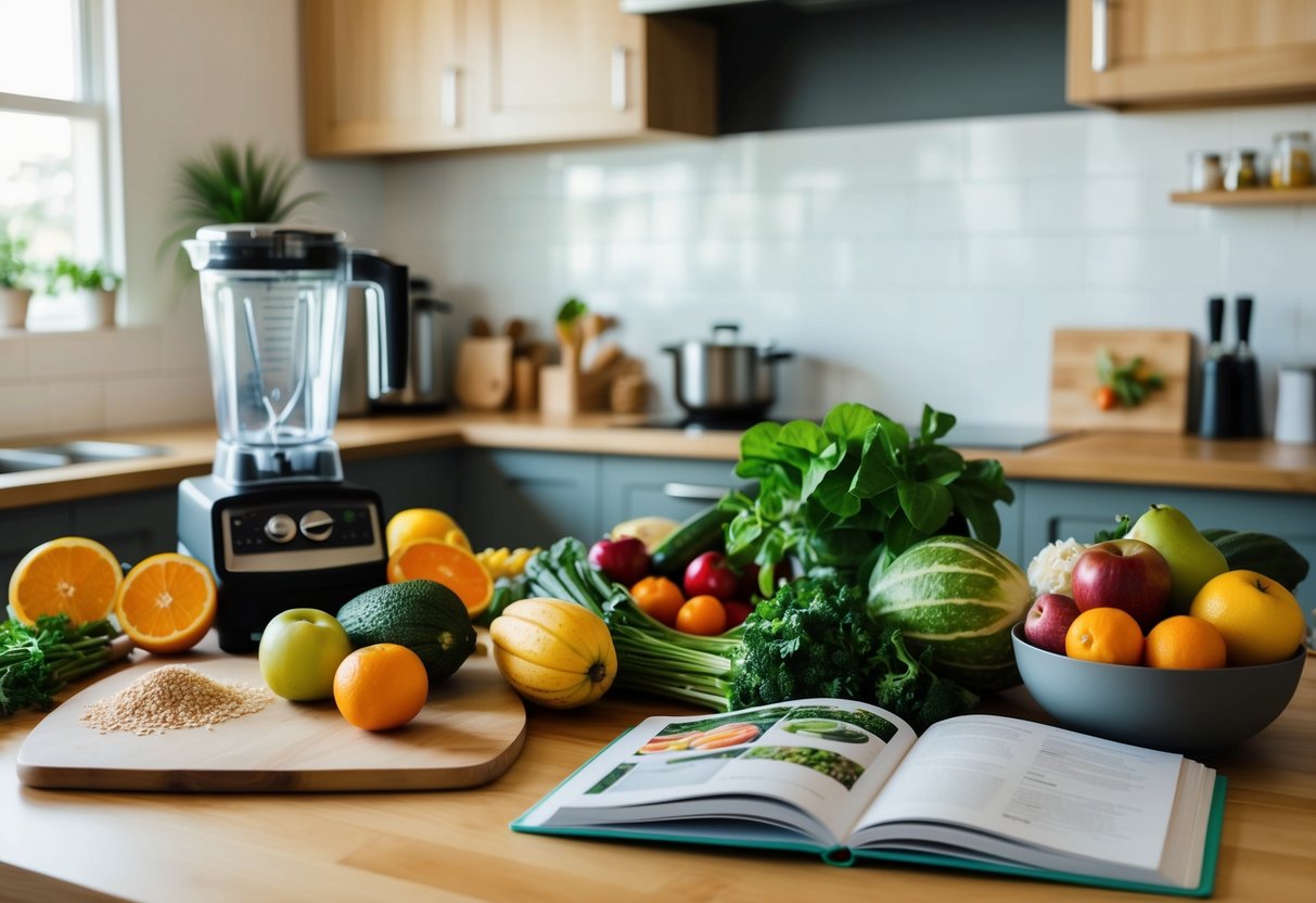 A kitchen counter with fresh fruits, vegetables, and whole grains. A blender and cutting board are nearby, and a cookbook is open to a healthy recipe