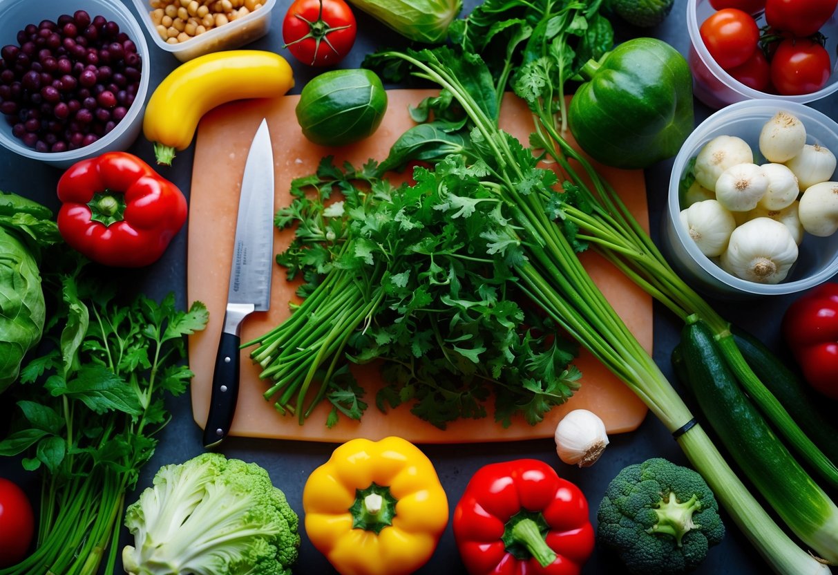 A variety of fresh vegetables spread out on a cutting board, surrounded by a knife, cutting board, and containers for storage