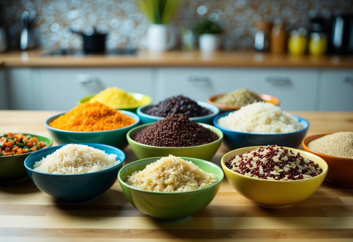 A variety of cooked grains like quinoa, rice, and barley arranged in colorful bowls on a kitchen counter