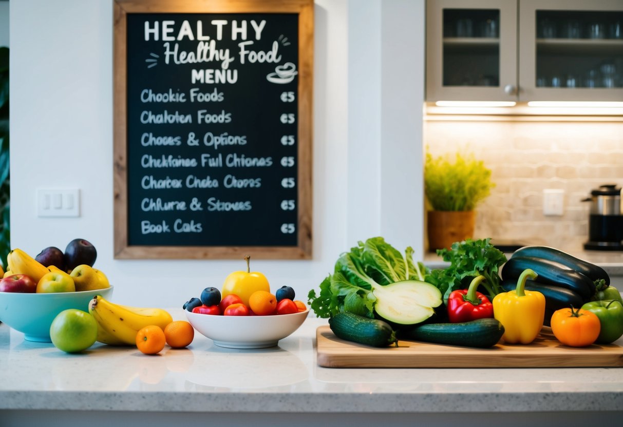 A kitchen counter with a chalkboard menu displaying healthy food options, surrounded by colorful fruits and vegetables on the side