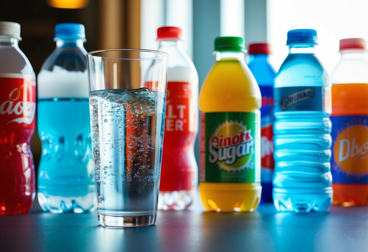 A refreshing glass of water sitting next to a variety of sugary drinks