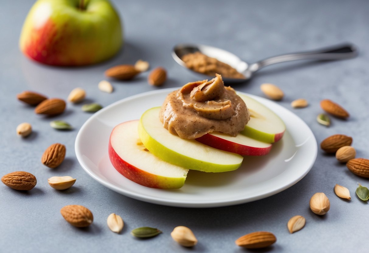 A plate of apple slices with a dollop of almond butter, surrounded by scattered nuts and seeds