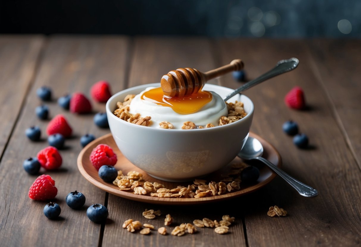 A bowl of Greek yogurt topped with honey and granola sits on a wooden table, surrounded by scattered berries and a spoon