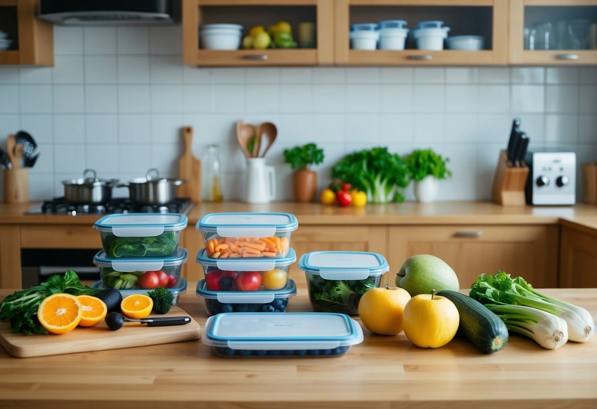 A kitchen counter with organized meal prep containers, fresh fruits and vegetables, a cutting board, and cooking utensils