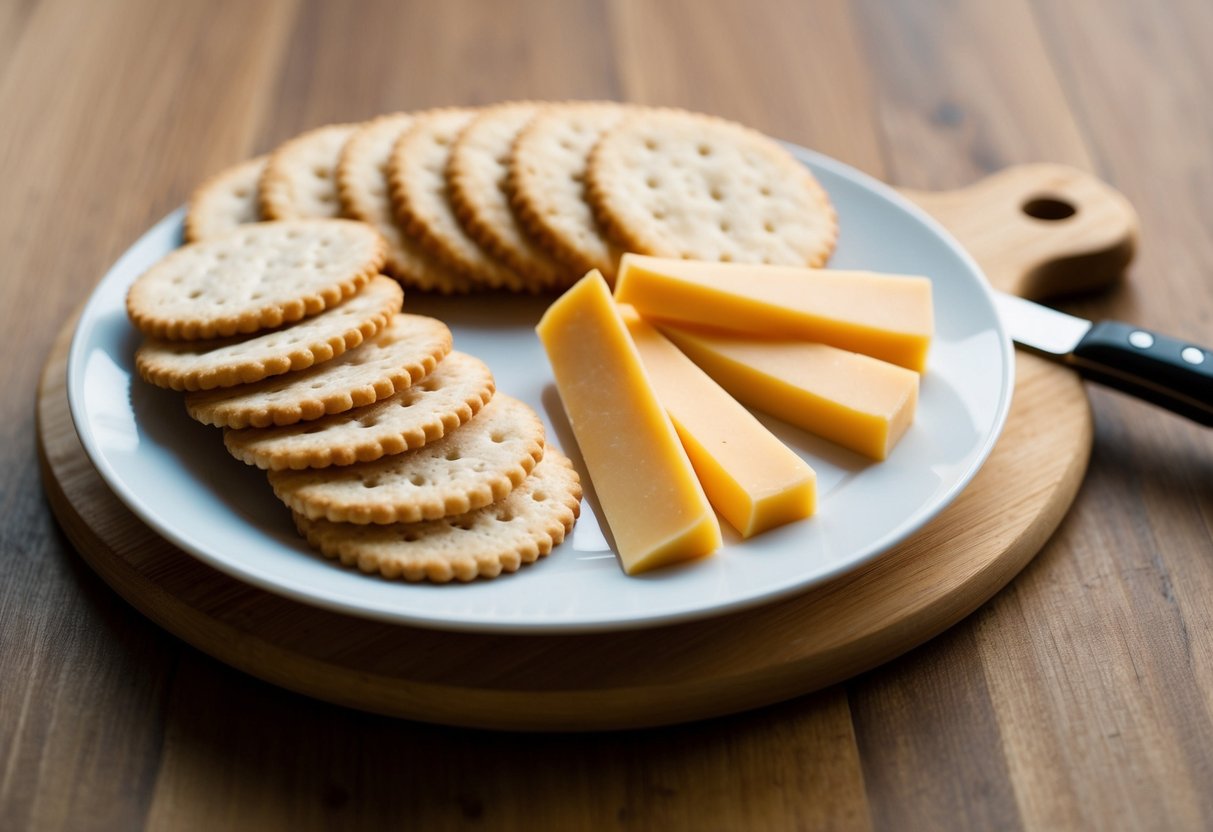 A plate of whole-grain crackers with slices of cheese, arranged neatly on a wooden cutting board. A small knife sits beside the snacks