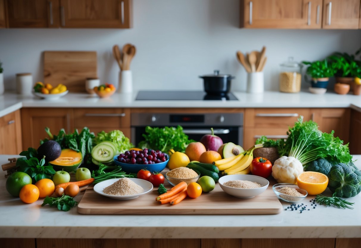 A kitchen counter with a variety of fresh fruits, vegetables, grains, and proteins laid out for meal planning and prep