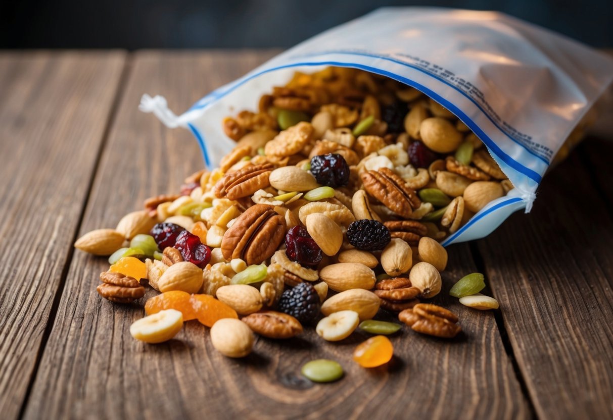 A pile of trail mix spills out of a open bag, with nuts and dried fruit scattered on a wooden table