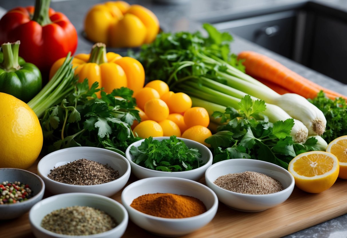 Fresh vegetables and fruits neatly arranged on a cutting board, alongside a variety of herbs and spices in small bowls, ready for meal prep