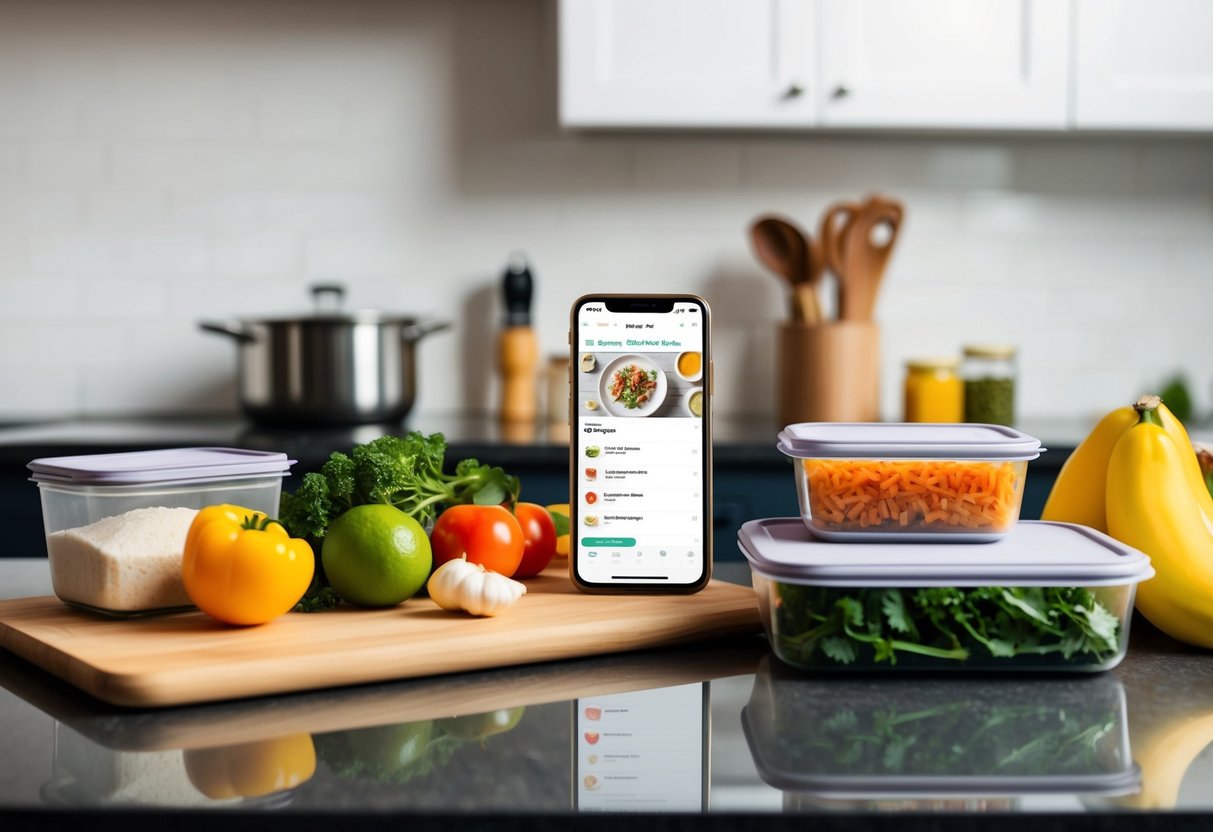 A kitchen counter with fresh ingredients, a smartphone displaying a recipe app, and organized meal prep containers