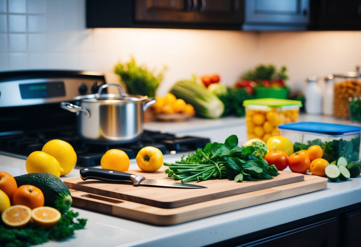 A kitchen counter with a cutting board, knife, and various fresh vegetables and fruits. A pot on the stove and containers for storing prepared meals