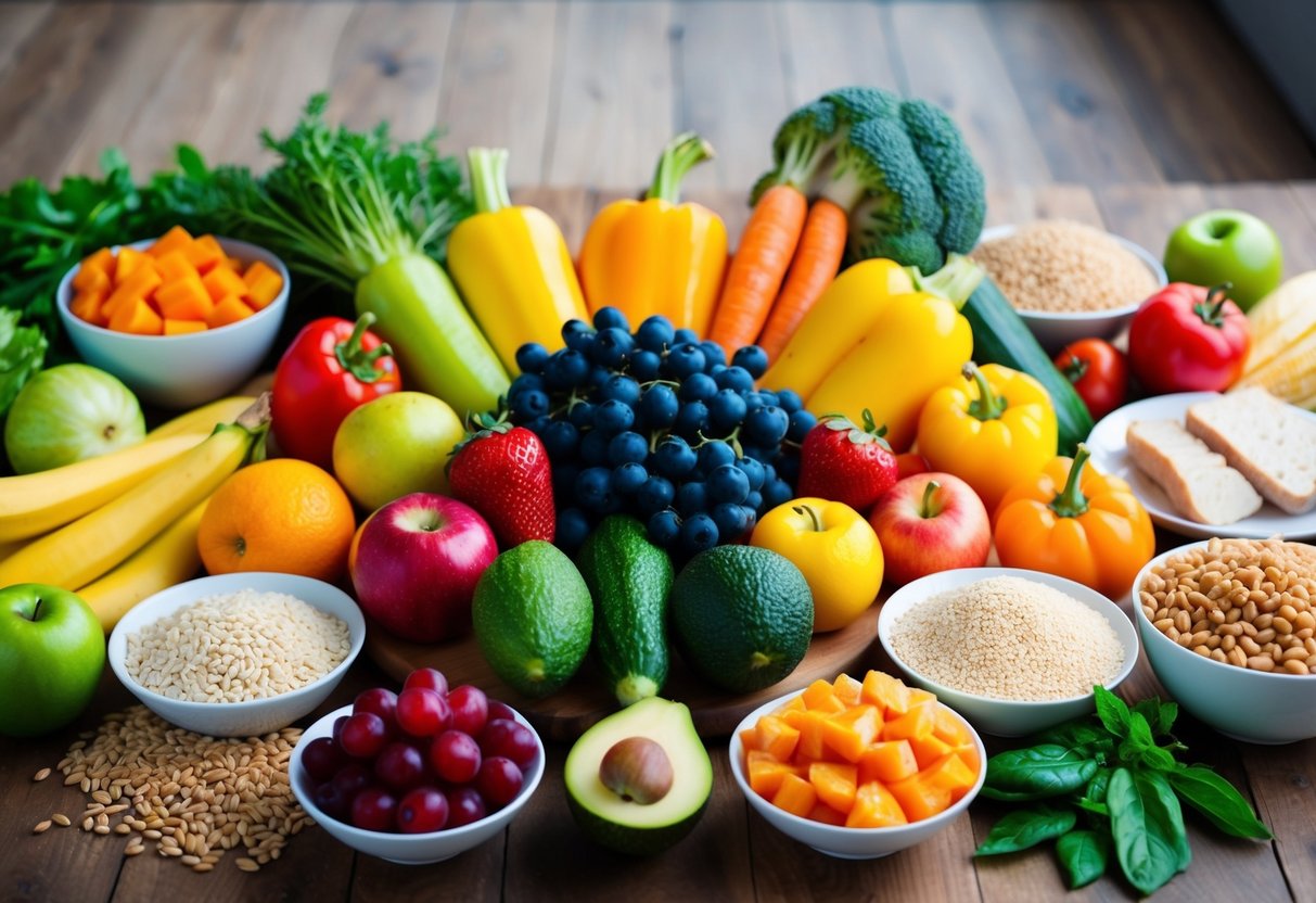 A colorful array of fresh fruits and vegetables arranged on a wooden table, surrounded by a variety of whole grains and lean proteins