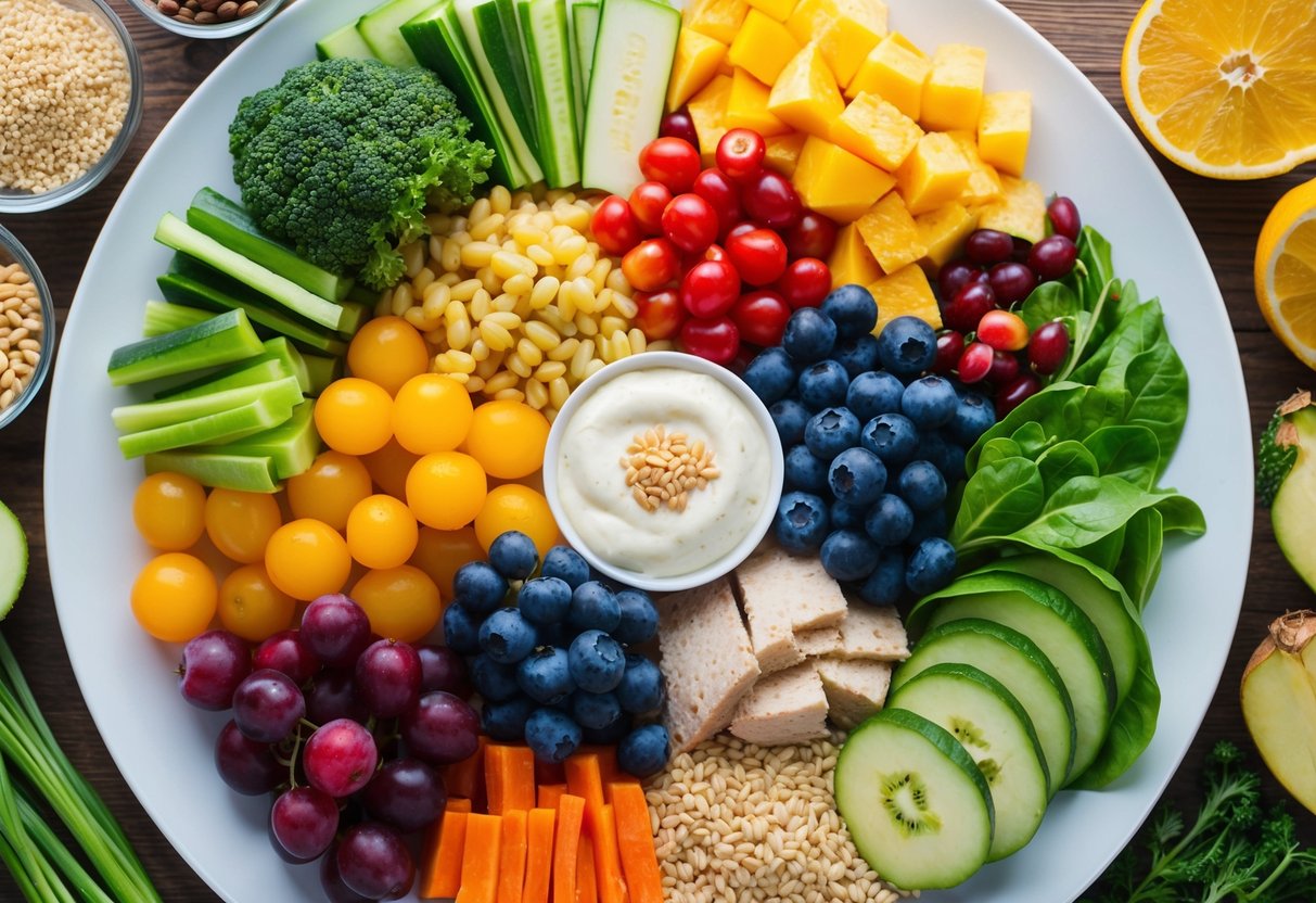 A colorful array of fruits, vegetables, lean proteins, and whole grains arranged in a balanced meal on a plate