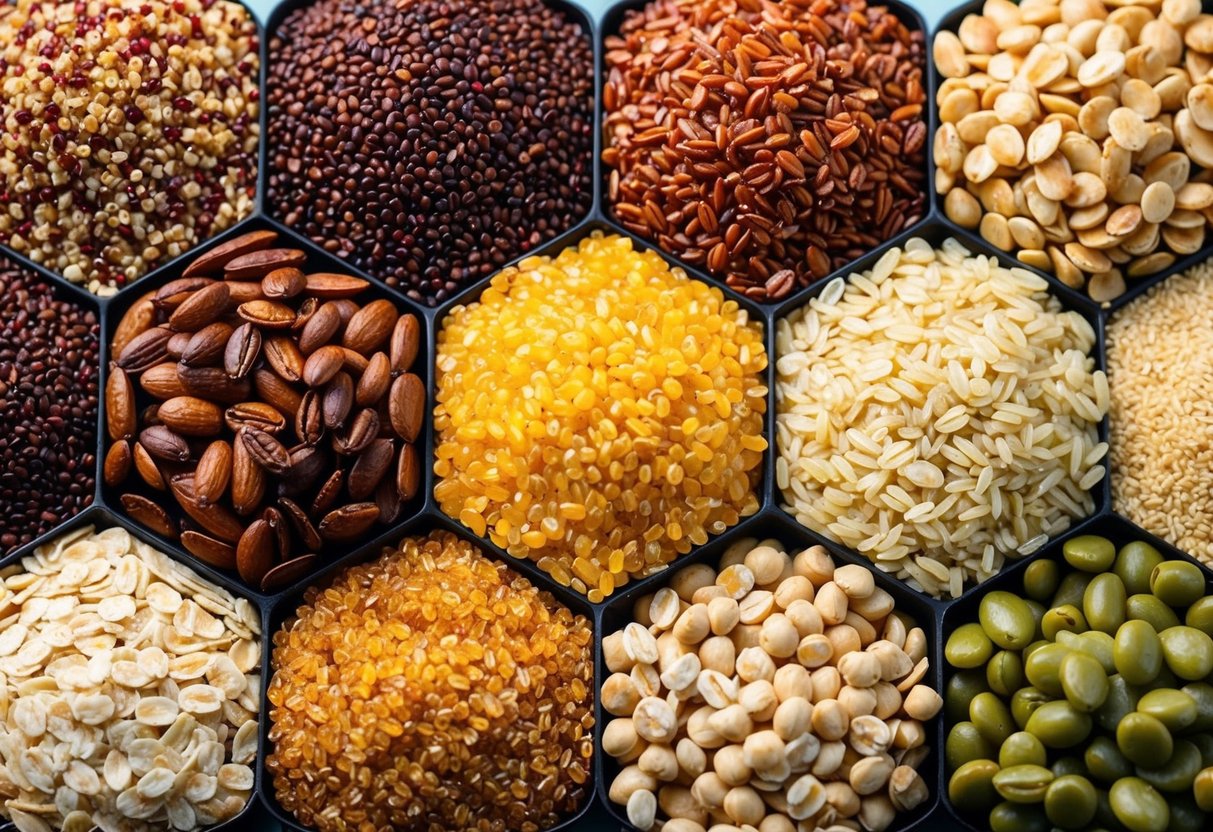 A colorful assortment of whole grains, such as quinoa, brown rice, and oats, arranged in a balanced and visually appealing composition