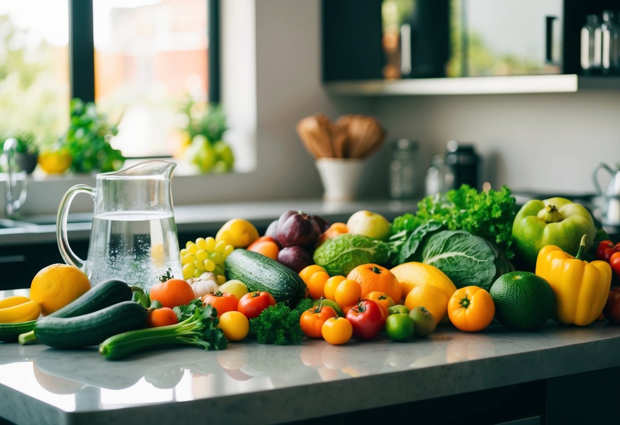 A colorful array of fresh fruits and vegetables arranged on a kitchen counter, with a pitcher of water and a glass nearby