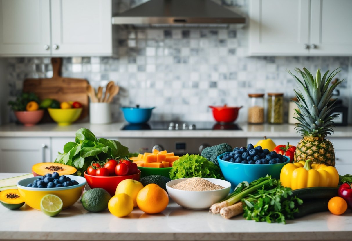 A kitchen counter with a variety of fresh fruits, vegetables, whole grains, and lean proteins neatly arranged in colorful bowls and containers