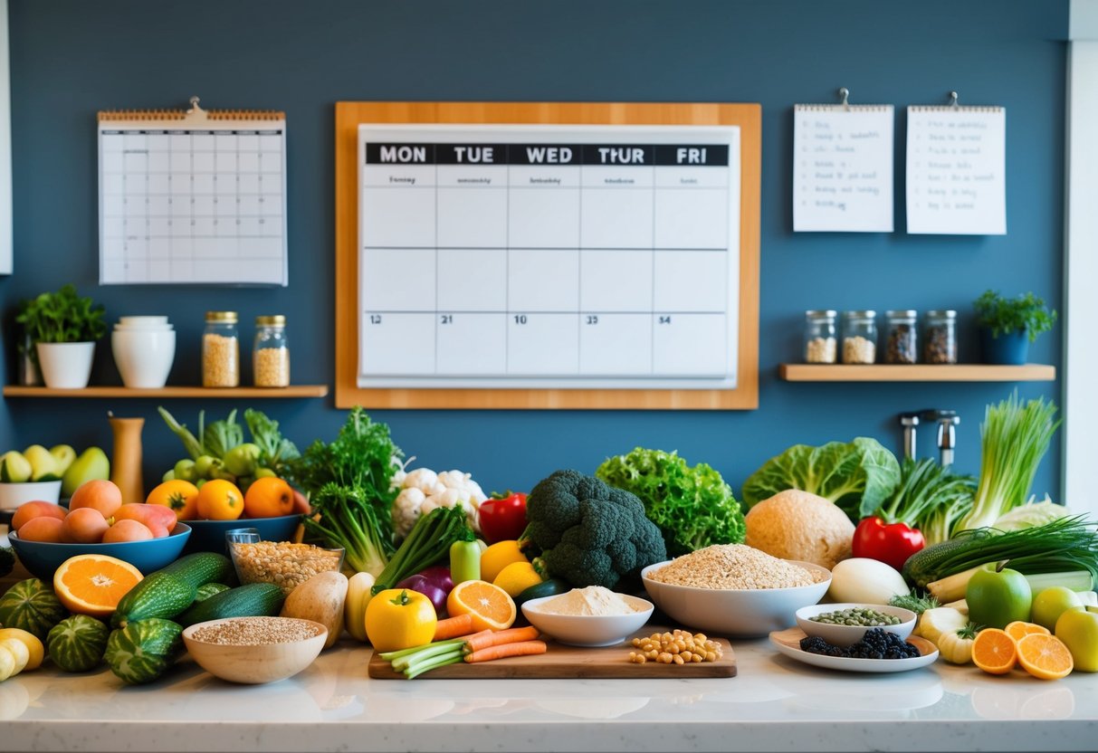 A kitchen counter with various fresh fruits, vegetables, grains, and proteins laid out neatly. A calendar hangs on the wall with meal plans written out for the week