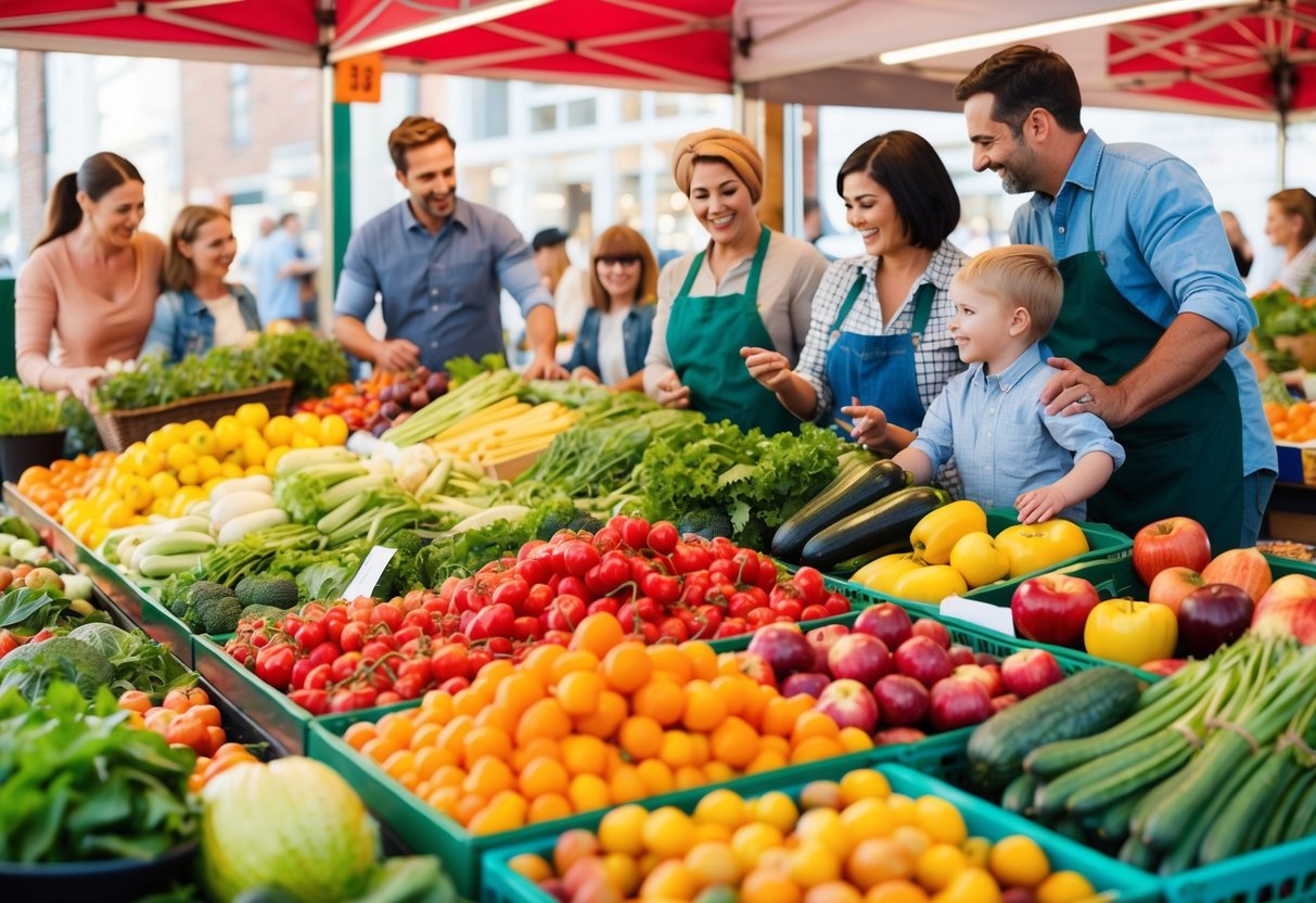 A colorful farmers' market display with an assortment of fresh fruits and vegetables, surrounded by happy families and busy parents