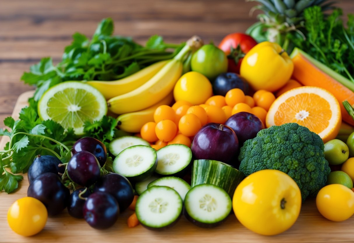 A variety of colorful fruits and vegetables arranged neatly on a cutting board, ready to be prepped for snacks