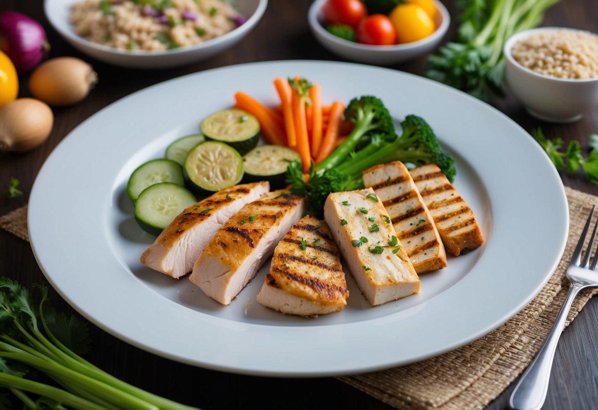 A dinner plate with a variety of lean proteins, such as grilled chicken, fish, and tofu, surrounded by colorful vegetables and whole grains