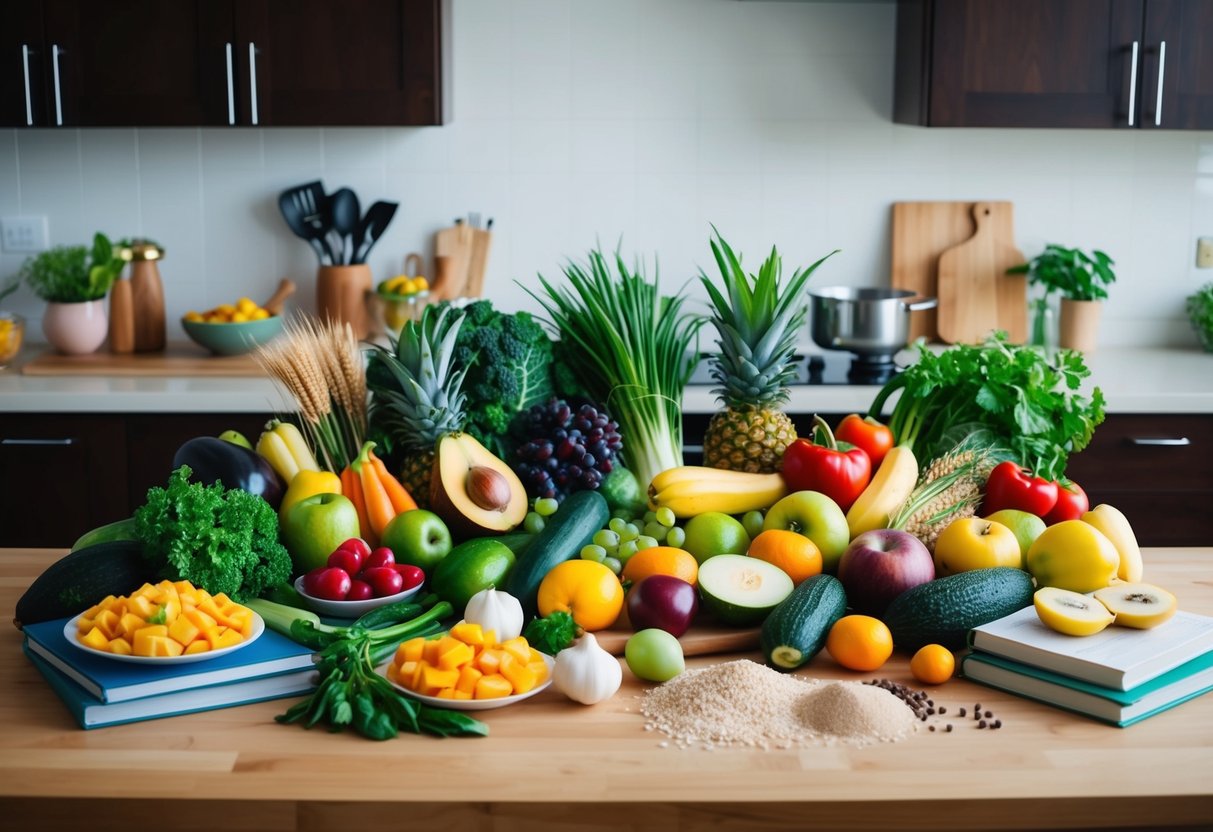 A colorful array of fresh fruits, vegetables, and whole grains arranged on a kitchen counter, surrounded by cooking utensils and recipe books