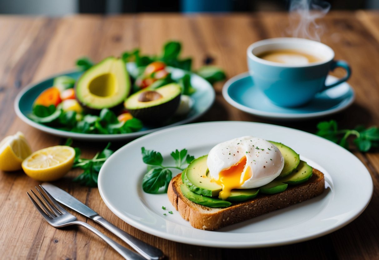 A plate of avocado toast with a poached egg, surrounded by fresh ingredients and a cup of coffee on a wooden table